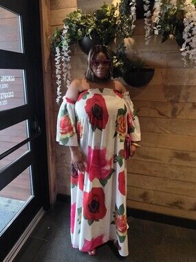 White Floral Strapless Bell Sleeve Maxi Dress